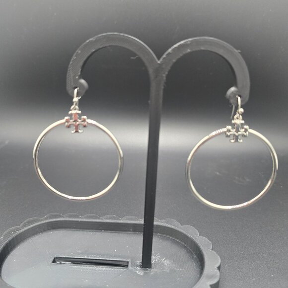 Tory Burch Stacked T-Logo Hoop Earrings Silver-Tone Plate Brass - New w/Card - Picture 2 of 5